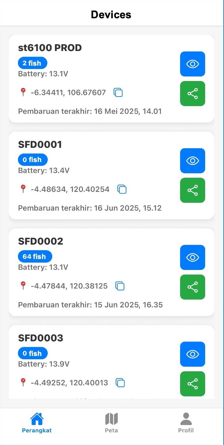 Blu IQ Mobile device list with fish readings